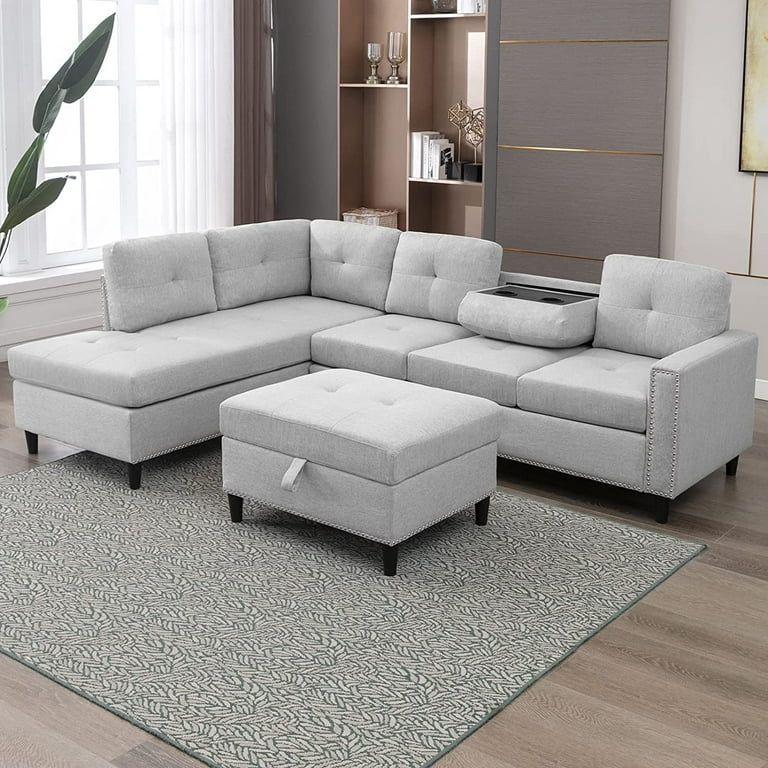 Mixoy Sectional Sofa with Chaise L Shaped Sofa Set with Storage Ottoman Sectional Couch with Cup Holders for Living Room Light Grey