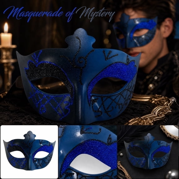 Masquerade Mask for Men, Blue Glitter 7 Inch Half Face Halloween Mask, Decorative Mask for Masquerade Party Halloween Party Mardi Gras Events, 1 Pack