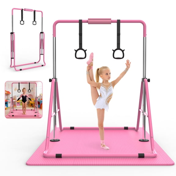 Gymnastics Bar for Kids, Gymnastics Horizontal Bar with Adjustable Height Foldable Training Bar with Mat