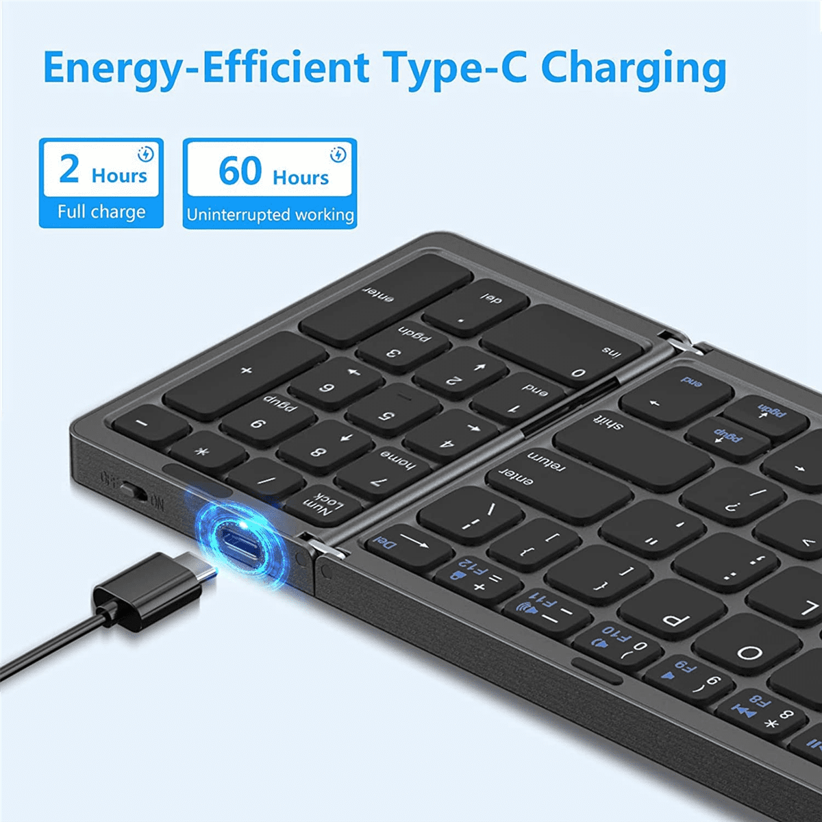 Foldable Bluetooth Keyboard, USB Rechargeable Wireless Keyboard for IOS, Android, PC Laptop Smartphone-Black