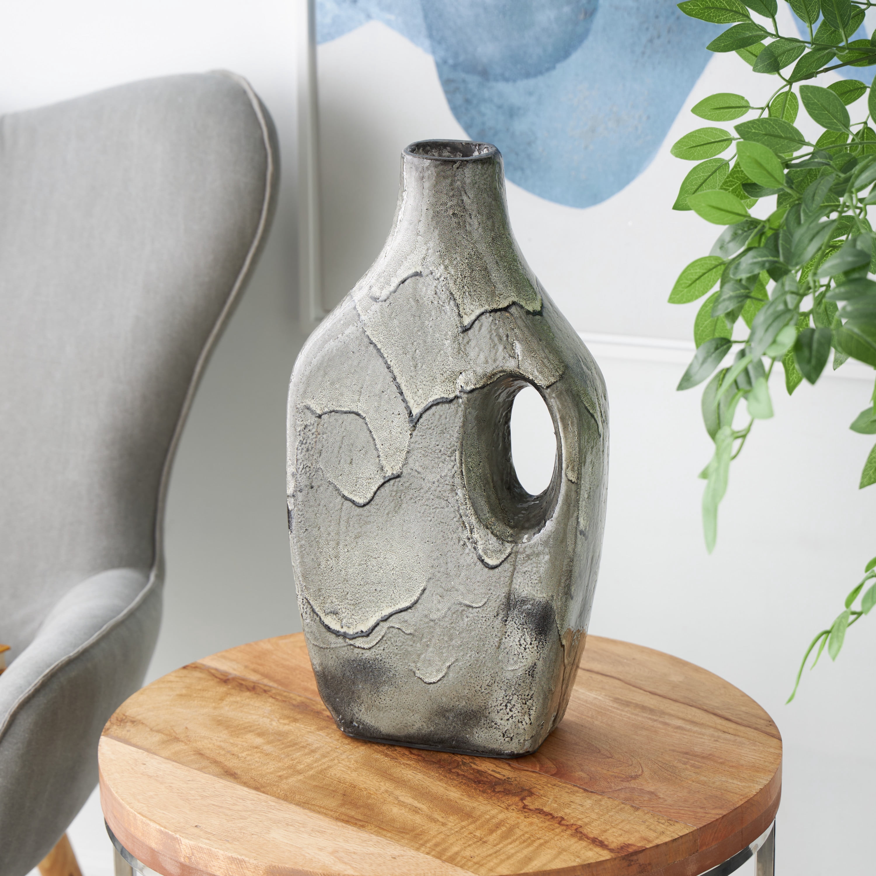 DecMode 18" Marble Inspired Gray Paper Mache Vase with Cutout Handle