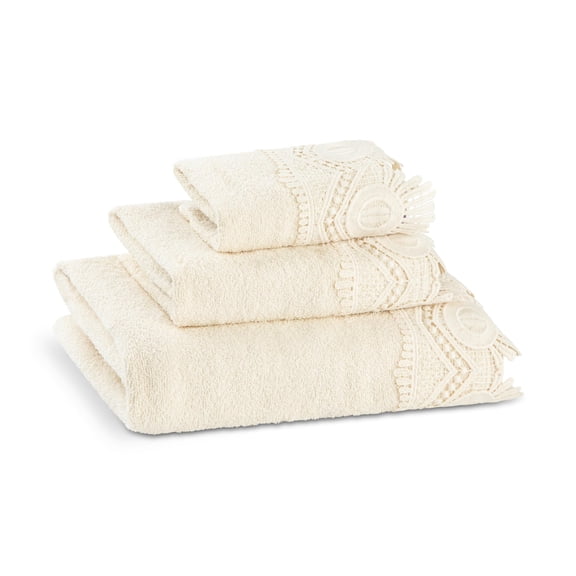 Zahari Home 3 Piece Laced Towel Set - Stylish Soft Plush Cotton Towels with Hand Towel & Washcloth - Highly Absorbent Towels for Bathroom, Gym, Hotel & Spa (Crochet Beige)