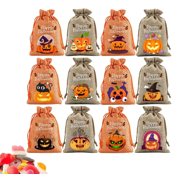Clearance Under $4, 12 Pcs Halloween Candy Bags, Rustic Burlap Drawstring Pouches, Reusable Jute Goodie Bags for Trick-or-Treating, Holiday Party Favors, One Size(Orange)