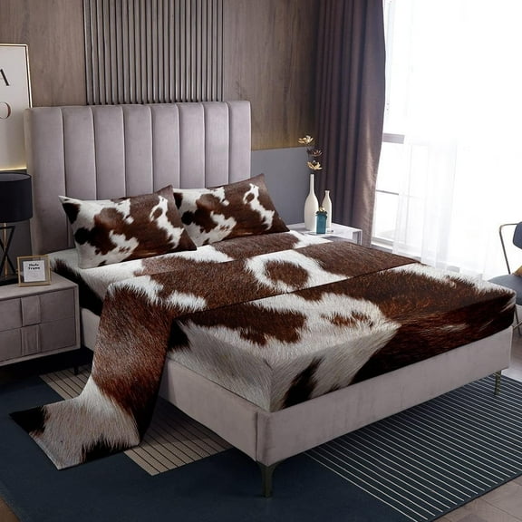 Erosebridal Cow Print Sheet Set, Brown White Cowhide Bed Sheets Queen Teens Adult Room Decoration, Farmhouse Animal Hair Fitted Sheet  Western Cowboy Flat Sheet 2 Cowhide Rustic Pillow Cases