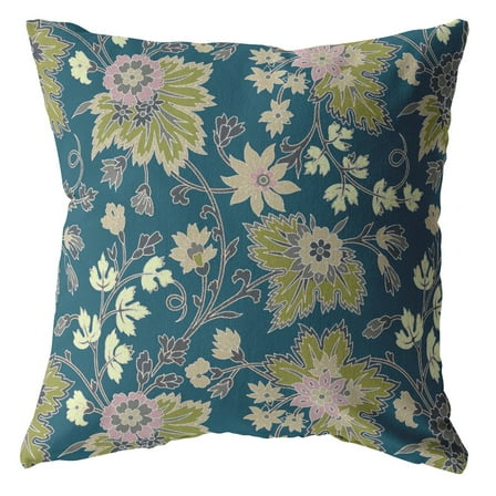 16â€ Teal Green Jacobean Indoor Outdoor Throw Pillow