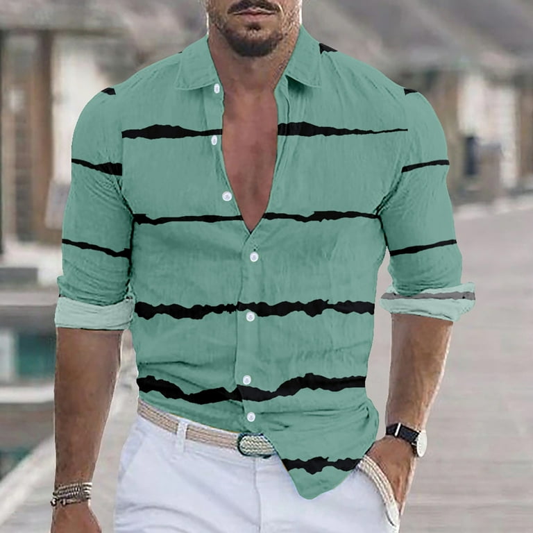 VSSSJ Button Down Shirts for Men Plus Size Fashion Striped Print Long  Sleeve Turndown Collar Blouse Tops Casual Comfy Lightweight T-Shirts Green  XXL
