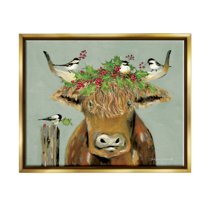 Stupell Industries Cattle & Birds Holiday Holly Holiday Painting Gold Floater Framed Art Print Wall Art