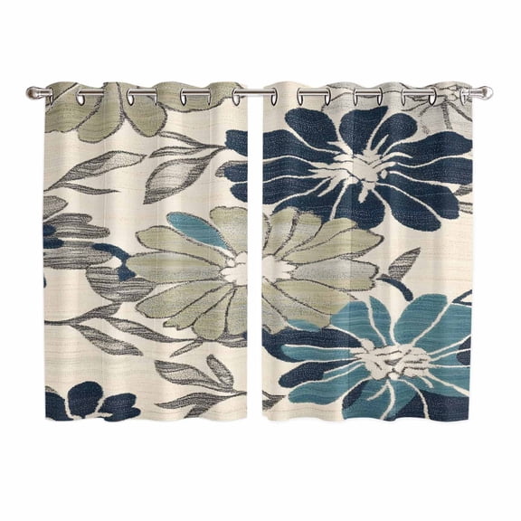 Sage Green Blue Floral Kitchen Curtains 72 Inch Length, Vintage Beige Botanical Grommet Top Bedroom Living Room Curtains, Light Filtering Cafe Curtain Drapes 2 Panels Set 104''x72''