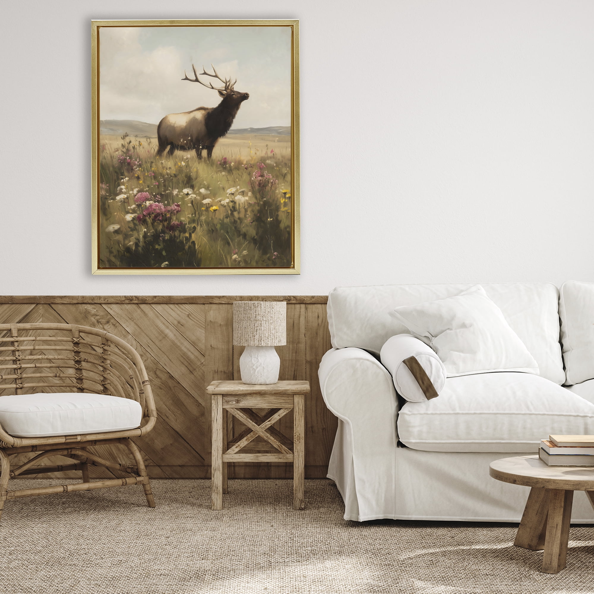 Stupell Industries Elk in the Wildflower Meadow Gold Framed Floater Canvas Wall Art, design by Arlington Prints