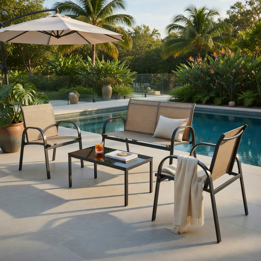 Hommoo 4-Piece Modern Outdoor Patio Furniture Set, Steel Frame Loveseat, 2 Single Sofas & Tempered Glass Top Coffee Table, Brown