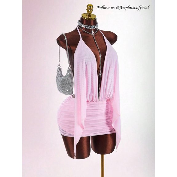 Pink Plunging Halter Neck Bodycon Mini Dress With Rhinestone Detail And Ruched Skirt For Women