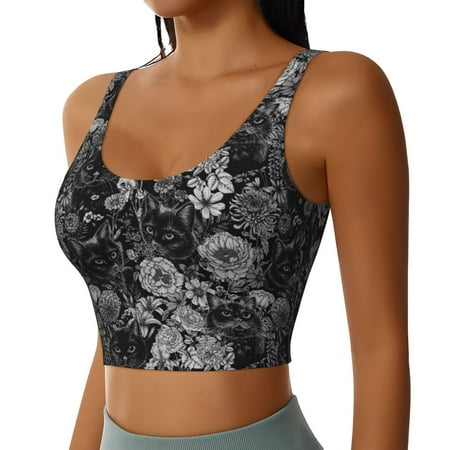 Haiem Black Cats In A Garden Pattern Womens Sports Bra - U Neck Padded Low Impact Yoga Bra Workout Crop Top Gym Moisture-Wicking Workout Vest -Medium