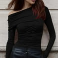thumbnail image 2 of fheaev Long Sleeve Shirts for Women Casual Solid Color Irregular Shoulder Pleated Slim T-Shirt High Elastic Base Top, 2 of 5