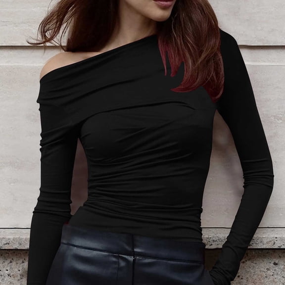 Womens Tops Long-Sleeved Slim T-Shirt High Elastic Casual Solid Color Base Top,Tops for Women Black L