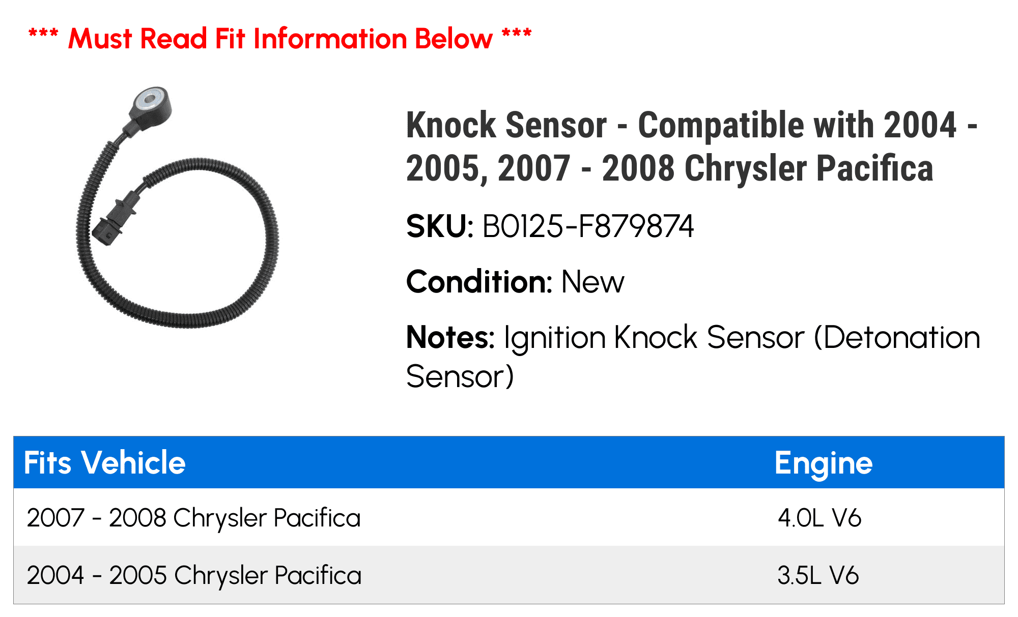 Knock Sensor - Compatible with 2004 - 2005, 2007 - 2008 Chrysler Pacifica