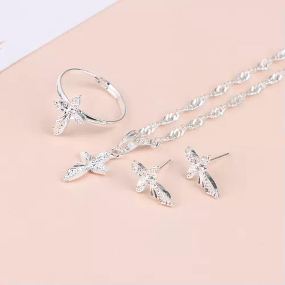 K-KED Faux Pearl Butterfly Flower Earring Ring Necklace Wedding Set For Wo:yq-K9469