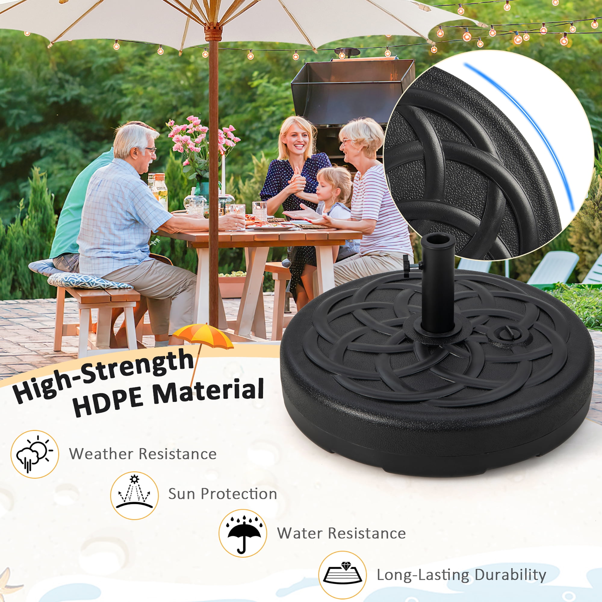 Costway 22'' Patio Fillable Round Umbrella Base Stand Water/Sand Fit Pole 1.5'' & 1.9''