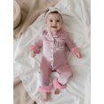 thumbnail image 5 of RUINIXCW Toddler Baby Girl Silk Stain Pajamas Newborn Infant Baby Girls Romper One Piece Spring Fall Sleepwear Lapel V Neck Fuzzy Trim Long Sleeve Button Up Jumpsuit Homewear, 5 of 9