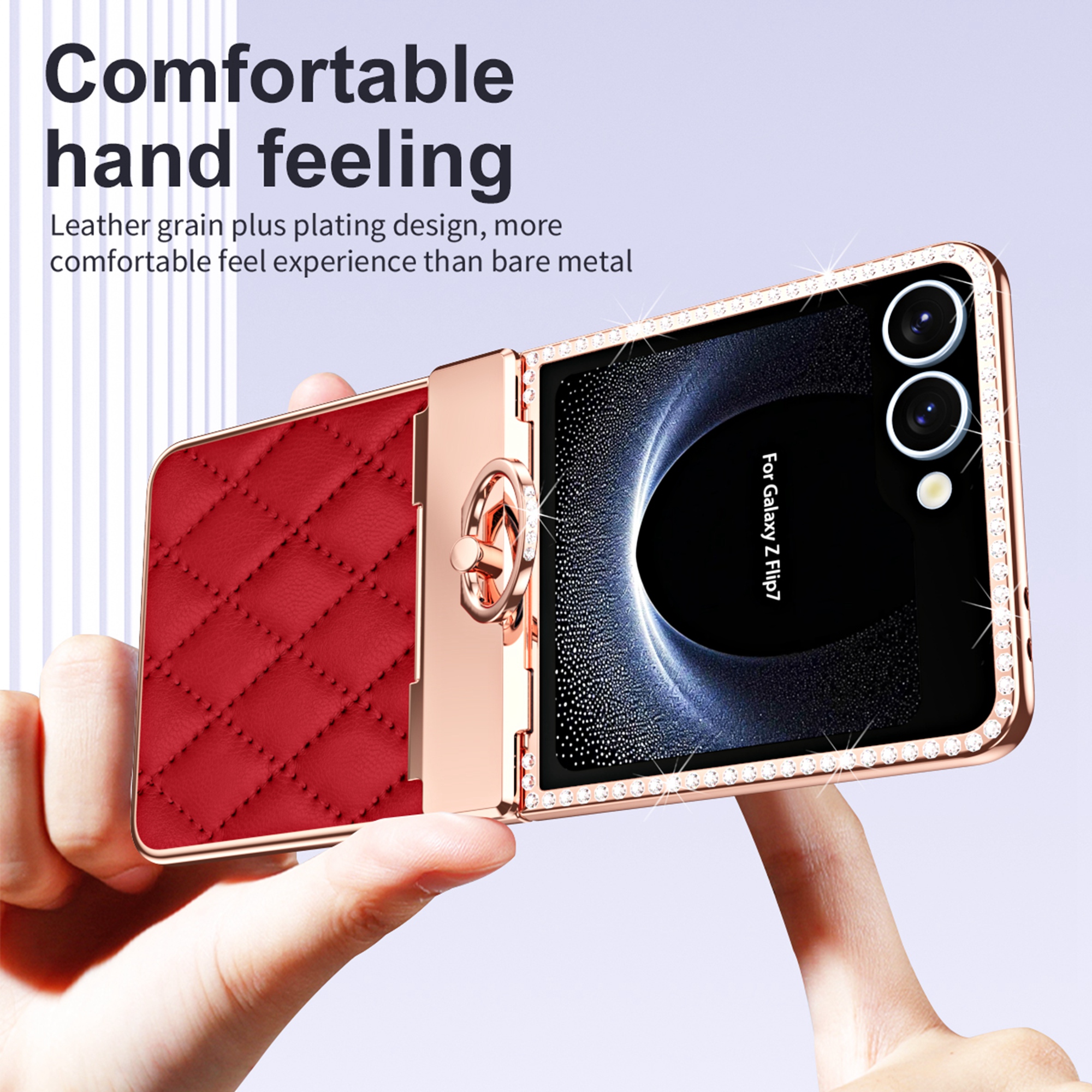 Dteck Diamond Case for Samsung Galaxy Z Flip 7 with Hinge Protection and Ring Holder, Luxury Sparkly Plating Shockproof Phone Cover with Screen Protector for Galaxy Z Flip 7,Red