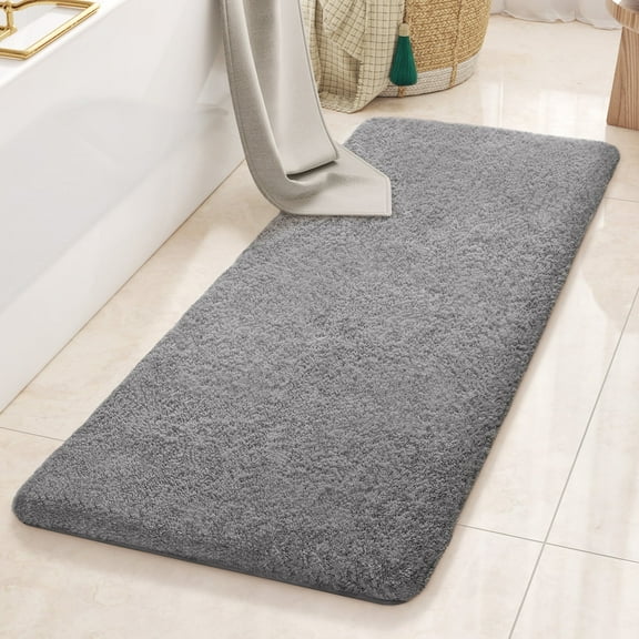 PABUBE Bathroom Rug Non-Slip Bathroom Mat 24"x43" Shag Bath Rugs w/1.6" Microfiber, Absorbent Bath Mat, Machine Washable, Gray