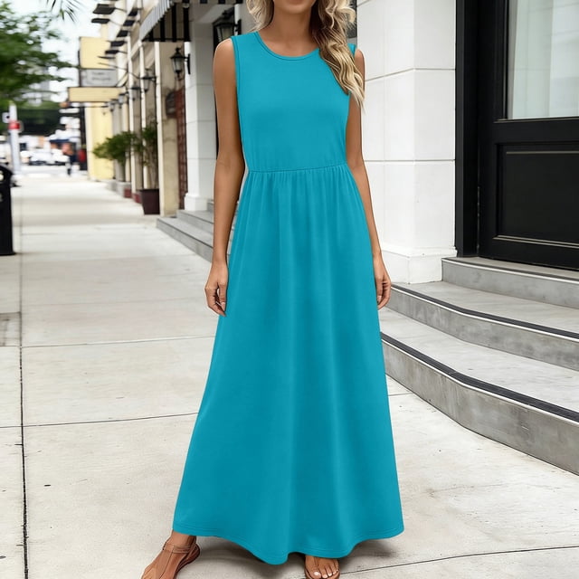 XiYing Robes d'Été pour Femmes, Robe Décontractée Ample à Col Rond pour Femme, Robe Maxi d'Été Sans Manches pour Usage Quotidien, Design Fluide Uni, P-TTG, une Pièce