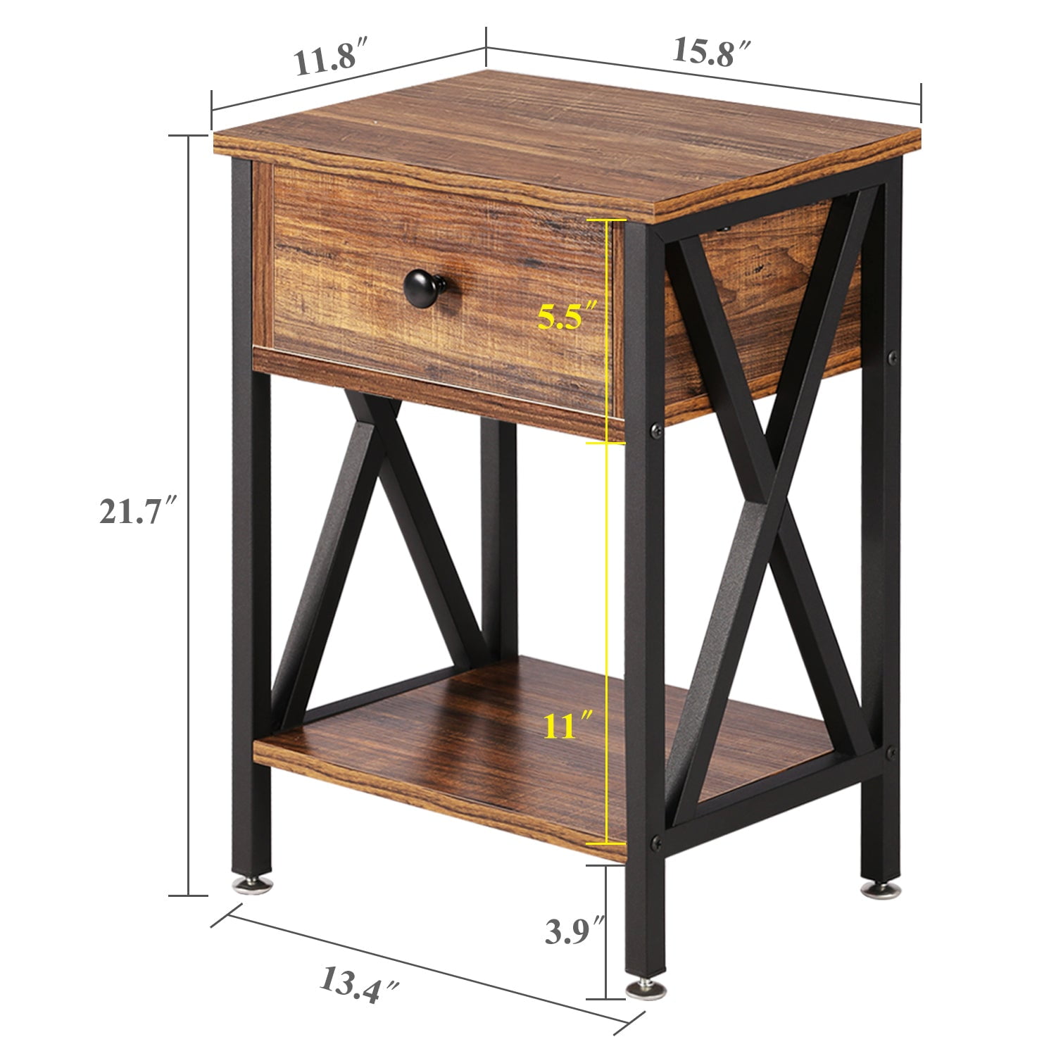 VECELO Nightstands Set of 2, Industrial End Table with 1-Drawer & Storage Shelf, Small Bedside Table Organizer for Small Space, Side Table for Bedroom Living Room, Dark Brown
