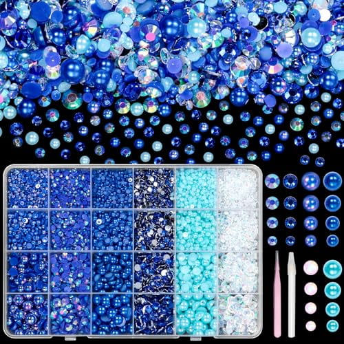 9000 Pcs Flatback Nail Pearl and Jelly Resin Rhinestones for Crafting, Dark Blue Mixed Size 3-8mm Jelly Rhinestones and Pearls Nail Art Jewles, Bedazzling Crystal Nails Art Gems for DIY Crafts
