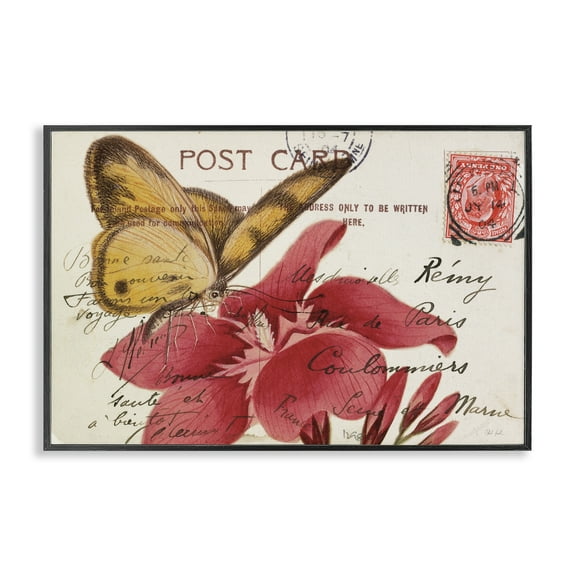 Stupell Industries Antique Postcard & Butterfly Insects Painting Black Framed Art Print Wall Art, 18 x 12
