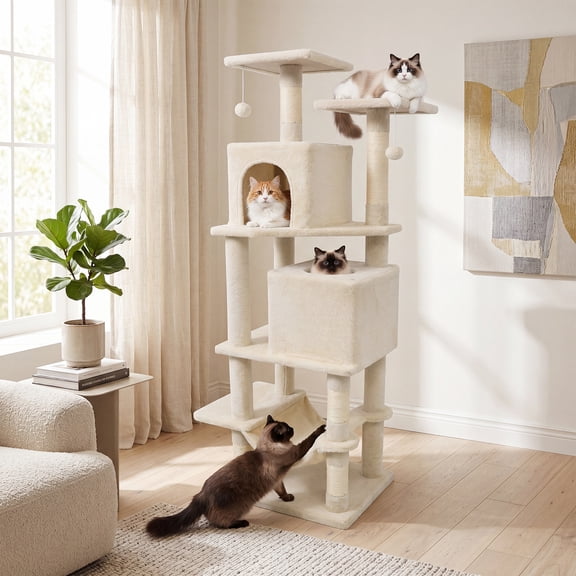 ELLEGNT 57" Tall Multi-Level Cat Tree with 2 Large Condos, Beige