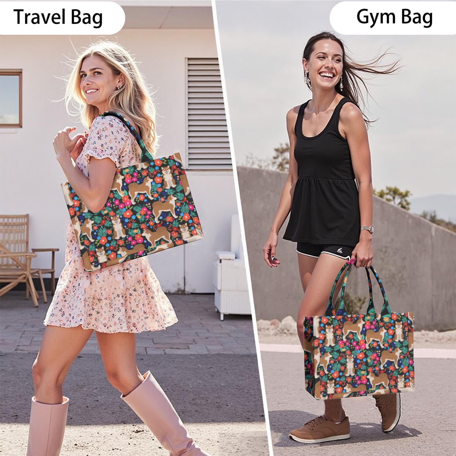 Large Capacity Tote Bag,Shiba Inu Dog and Flower Floral Handbag Fashion Luxury Tote Bag,15.7"x13"x 5.1" Inches,Laptop Compatible