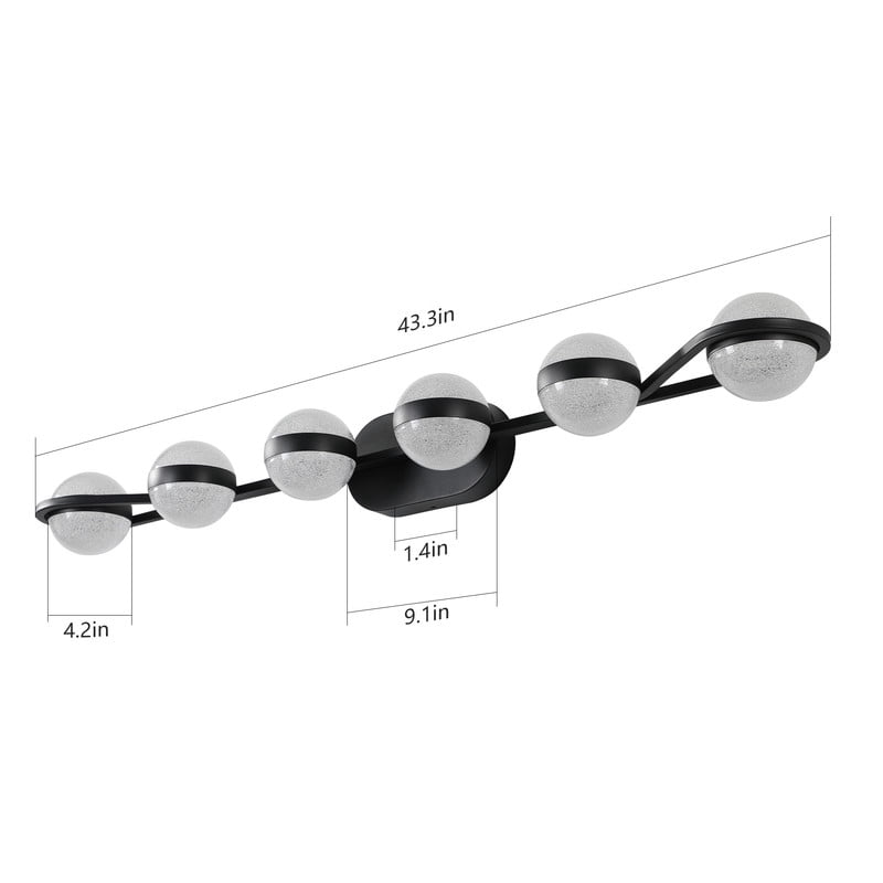 43" Black 6-Light LED Bathroom Vanity Light Fixture, Modern Wall Mounted Lighting with Crystal Sand Acrylic Shades, Bathroom Lighting Fixtures Over Mirror, Vanity Lights for Bathroom