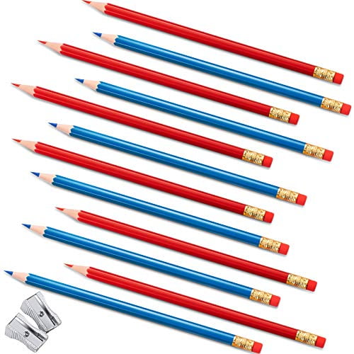 40 Counts Erasable Colored Pencils, 20 Blue 20 Red Checking Pencils with Eraser, and 2 Pieces Mini Metal Pencil Sharpeners