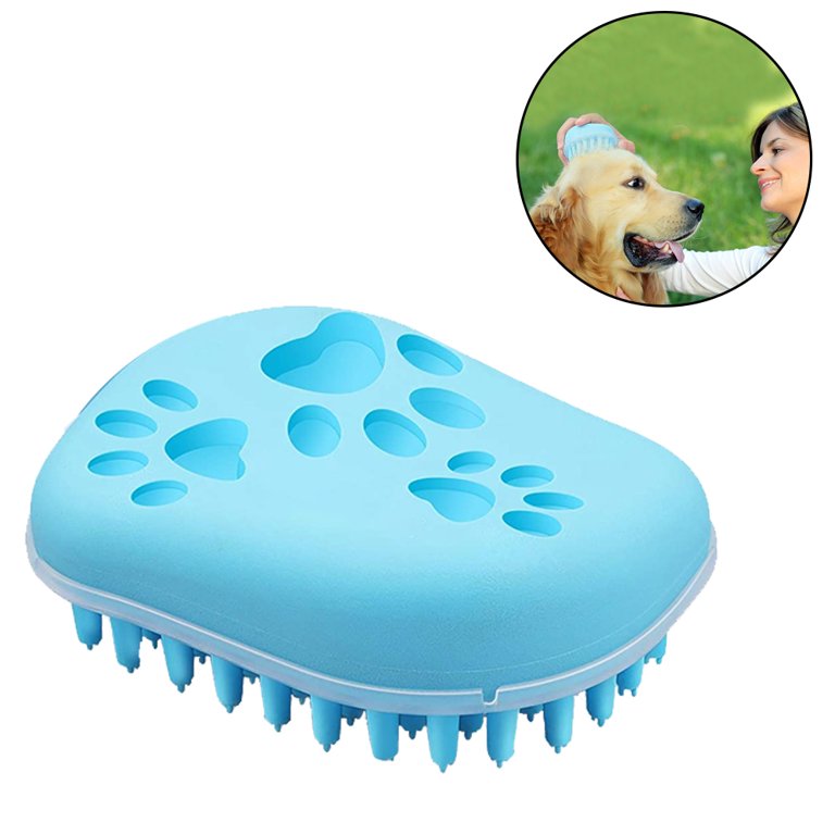 Aohao Dog Bath Brush Rubber Pet Grooming Brush Pet Shampoo Brush Comb with Adjustable Ring Handle with Soap Dispenser Dog Bathing Brush, Blue