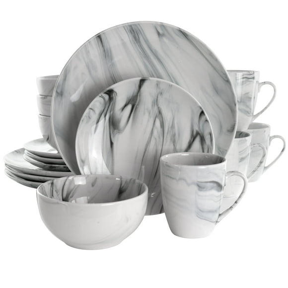 Elama Fin Ensemble de Vaisselle en Grès Marbre 16 Pcs en Noir et Blanc