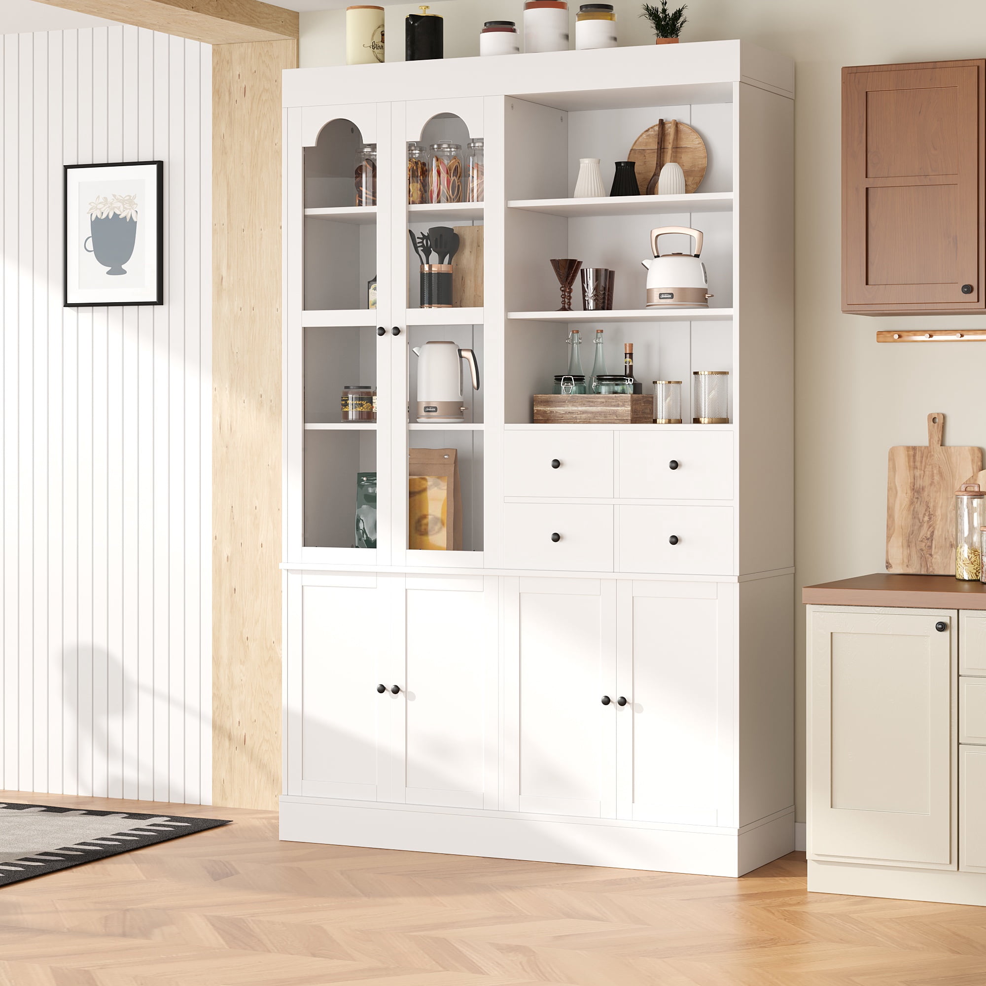 Euroco 47.2x15.7x75inch Freestanding Buffet with Hutch, Tall Kitchen Pantry Cabinet with 4 Drawers, Door Shelves and Pull-out Trays for Dining room, Living Room, White