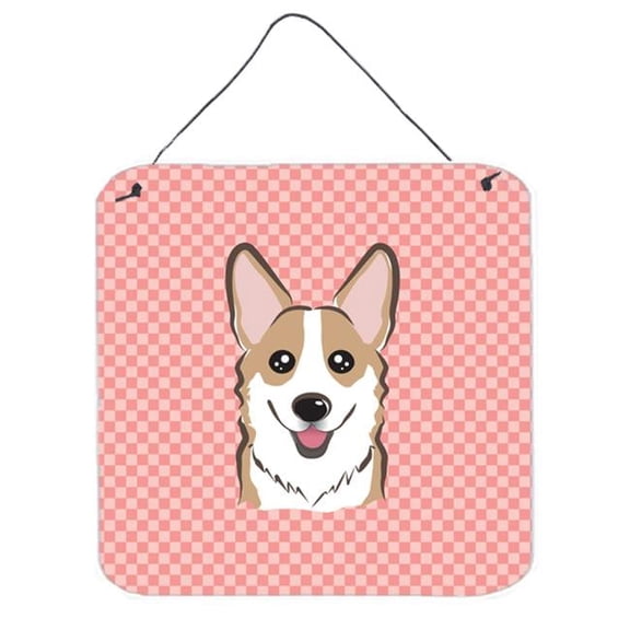 Checkerboard Pink Corgi Aluminum Metal Wall Or Door Hanging Prints, 6 x 6 In.
