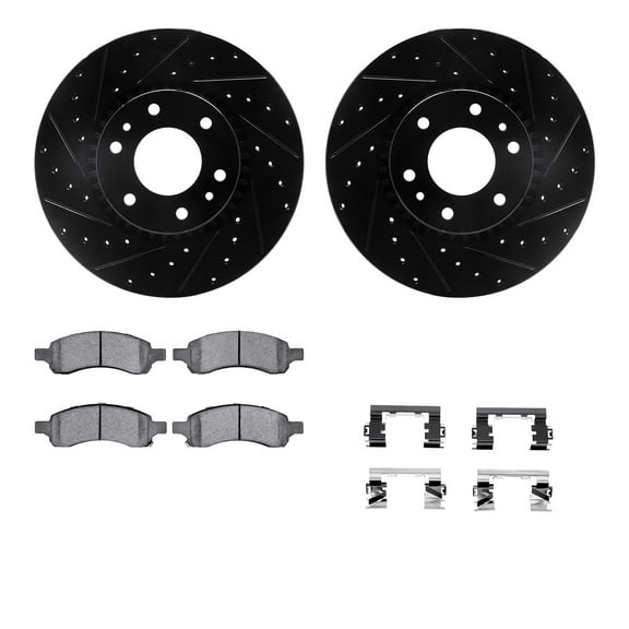 Dynamic Friction Company Front Brake Rotors-Drilled and Slotted-Black with Ultimate Duty Performance Brake Pads includes Hardware 8412-48031