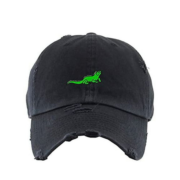 Iguana Vintage Baseball Cap Embroidered Cotton Adjustable Distressed Dad Hat Brush Black