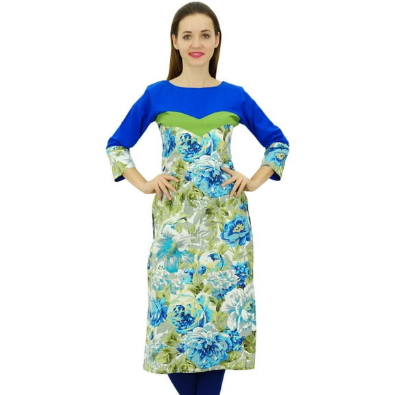 Phagun Women's Cotton Blue Kurti Floral Kurta Dress 3/4 Sleeve Blue Tunic-26