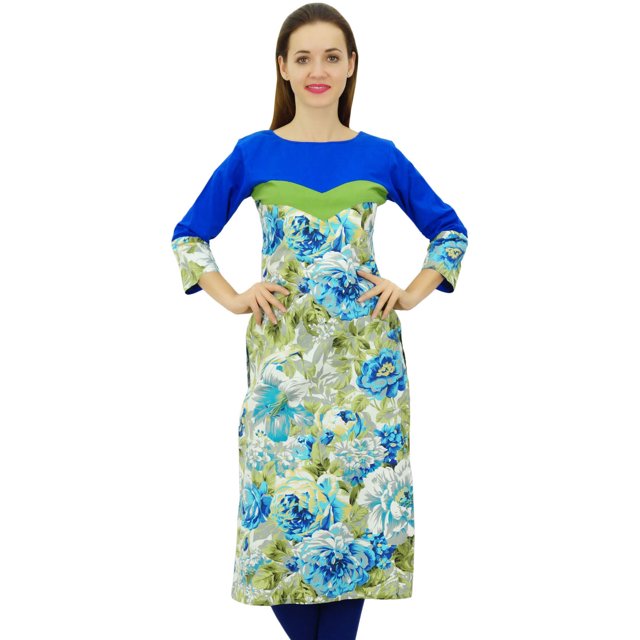 Phagun Kurti Bleu en Coton pour Femme, Robe Kurta Florale, Tunique Bleue à Manches 3/4-26