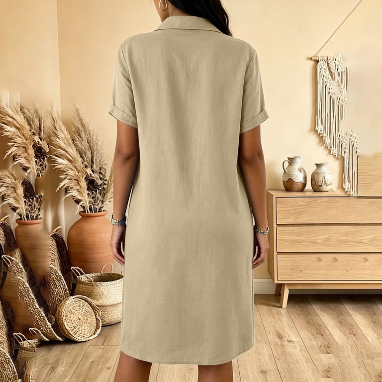 cotton fitted dresses for women Ayolanni V-Neck Dresses for Women 2026 Solid Fitted Waist Short Sleeve Midi Shirt Dress Flowy Work Cotton Linen Button Up Casual Sundress with Pockets