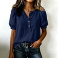 thumbnail image 3 of longantii Womens Linen Cotton Blouses Summer Casual Boho Short Puff Sleeve Button Down Tops Loose Fit Gauze Tunic Henley Shirts Navy XL, 3 of 8