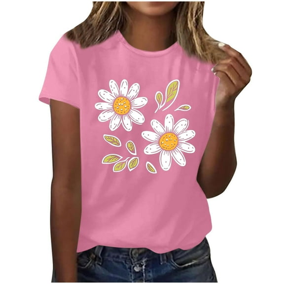 Charella Crew Neck Shirts for Women Flower Printed Short Sleeve Blouses Summer Basic Casual Tops Graphic Tees (XL, Pink 3)
