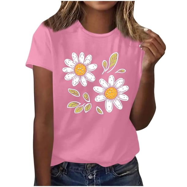 Camisas de Manga Corta para las Mujeres Moda Casual Impresión Cuello Redondo Suéter Tee Blusas