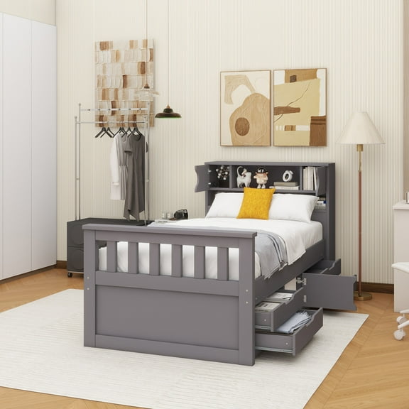 Twin Size Captain Platform Bed Frame with Storage Bookcases and Shelves,Four Drawers, Gray