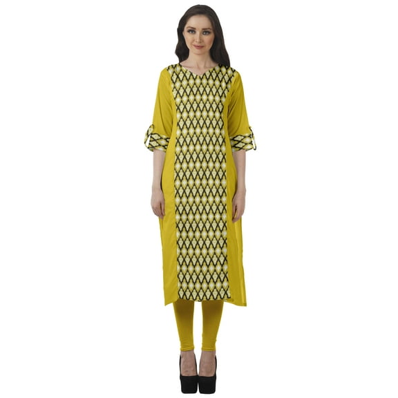 Moomaya V Neck Straight Tunic For Women Roll Up Sleeve Printed Cotton Kurta