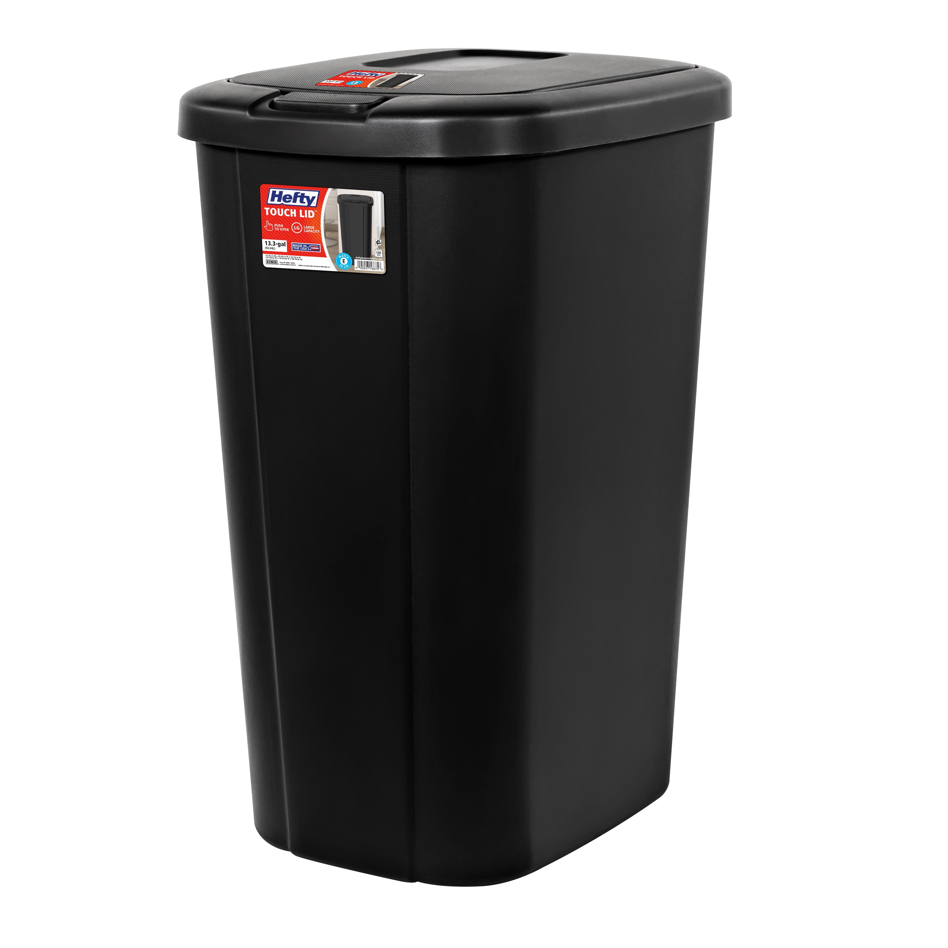 Hefty Kitchen Trash Can, 13.3-Gallon, Touch Lid Garbage Bin, Black