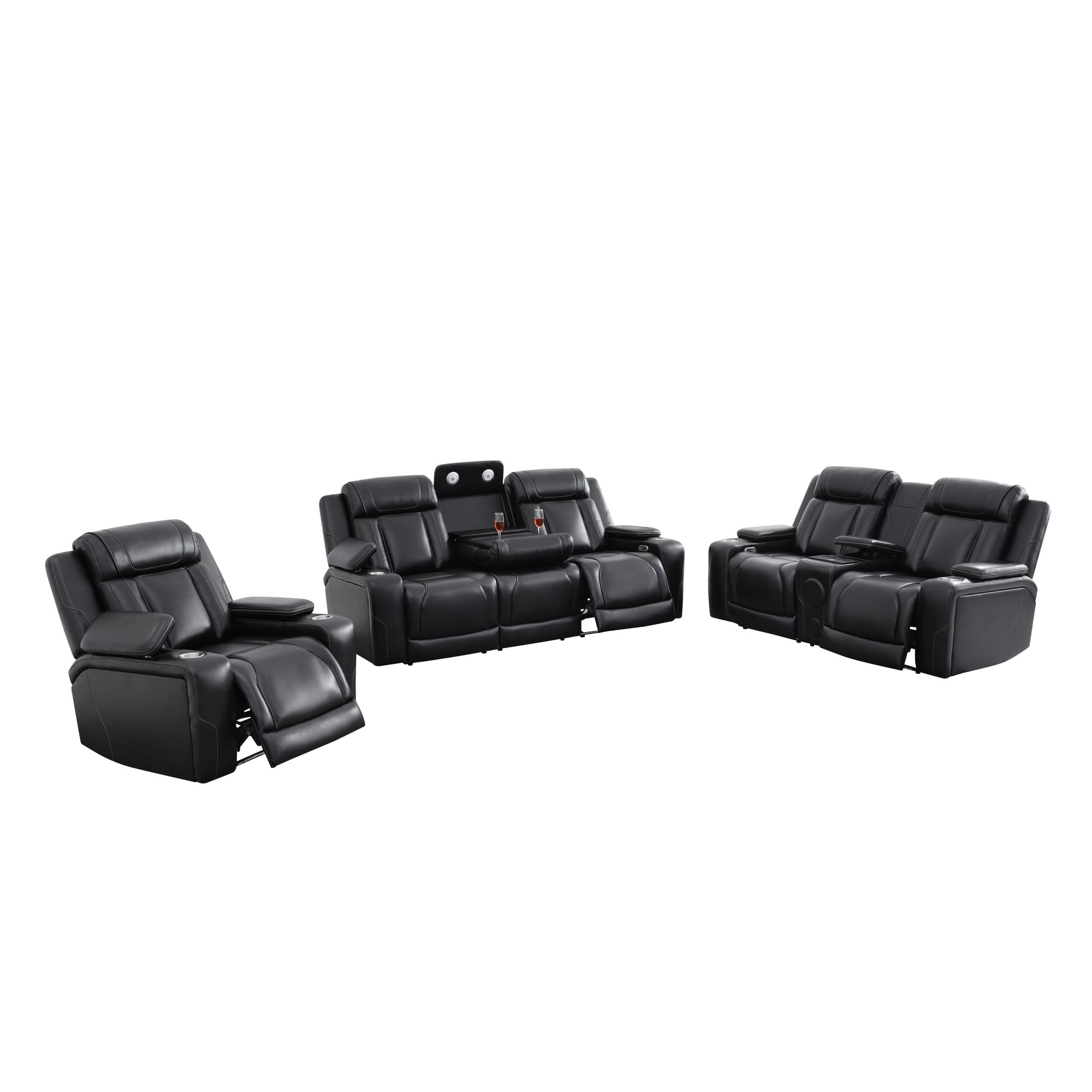 Gewnee 1+2+3 Piece Recliner Sofa Set, Air Leather Smart Sofa with Wireless Charging, Bluetooth Speaker, LED Light, Cup Holders & Storage, Adjustable Recline for Living Room, Black