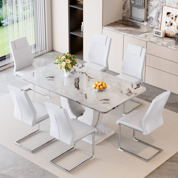 StnTalk 7-Piece Modern Dining Table Set for 6, Large Kitchen Dining Room Table with Marble-Look MDF Top and 6 Cushioned Chairs, Rectangular Dining Table Set with Metal Frame