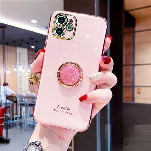 For Apple iPhone 12 Pink Ring Case Luxury Stream Plating Elegant Cover Case